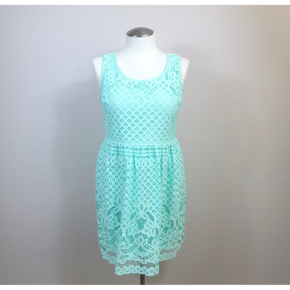 ELLE Lace Fit and Flare Dress Womens 16 Mint Green Sleeveless Floral Scalloped